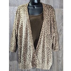 C.D. Daniels Women's 3X Leopard Print Cardigan Sweater‎ Set Brown Tank Top Y2K